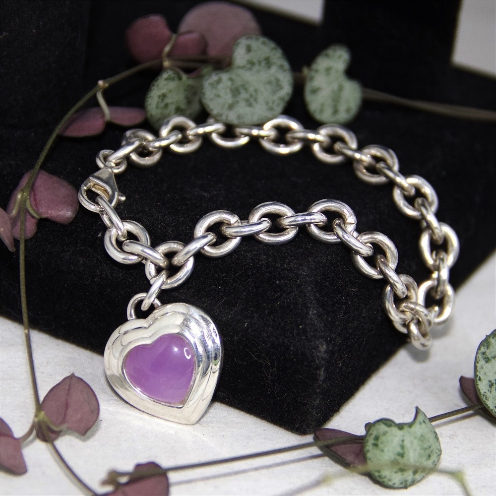Sterling Silver 925 Purple Heart Charm Rolo Link Bracelet 7.5 Inch Thailand